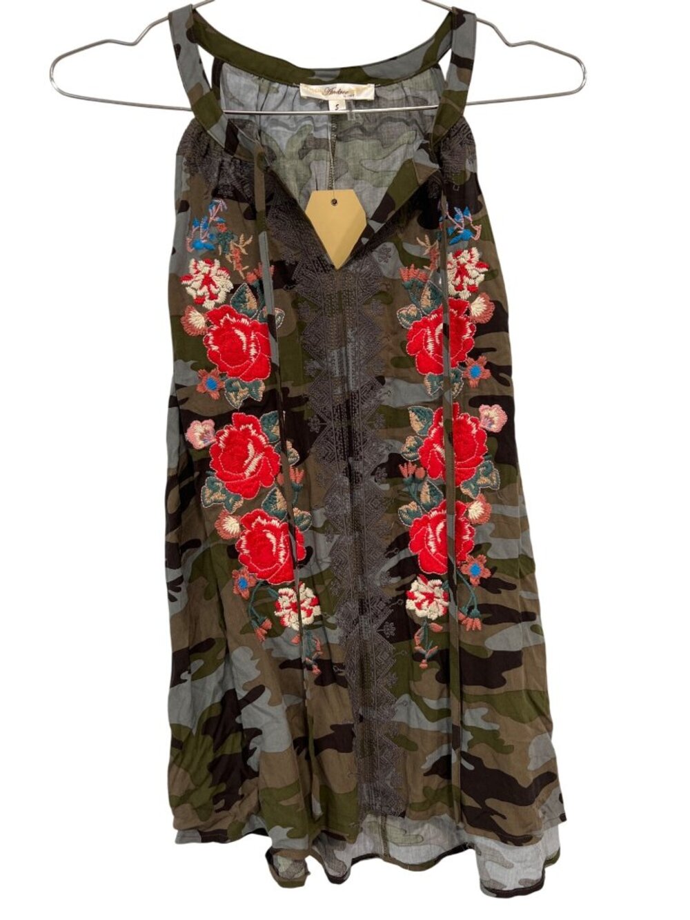 Andrée By Unit Top Small Camouflage Floral Embroidered Tank Green Bohemian NEW